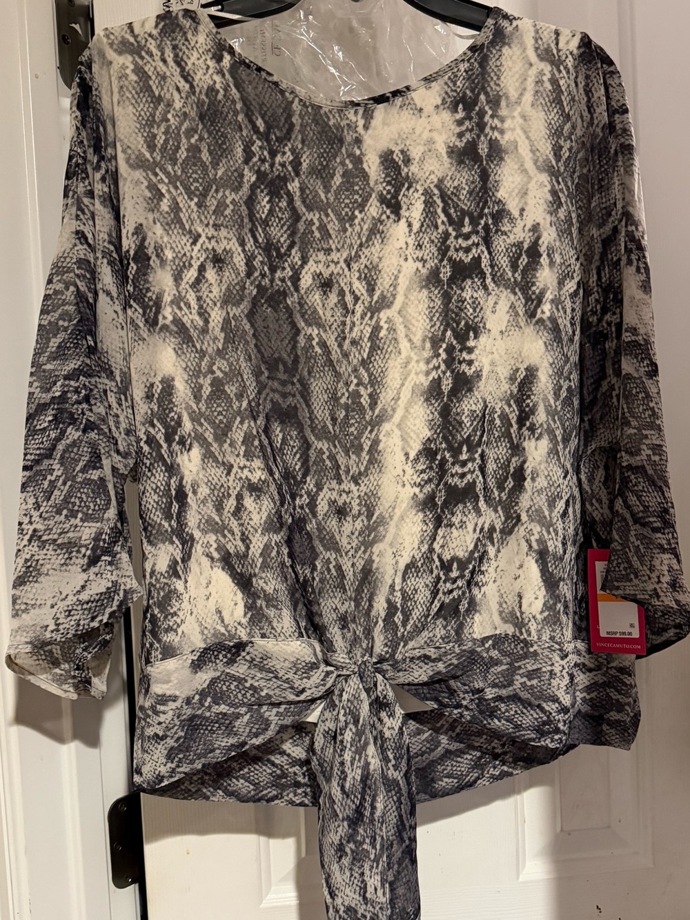 Vince Camuto Snake-Print Tie Front Blouse - Black & White